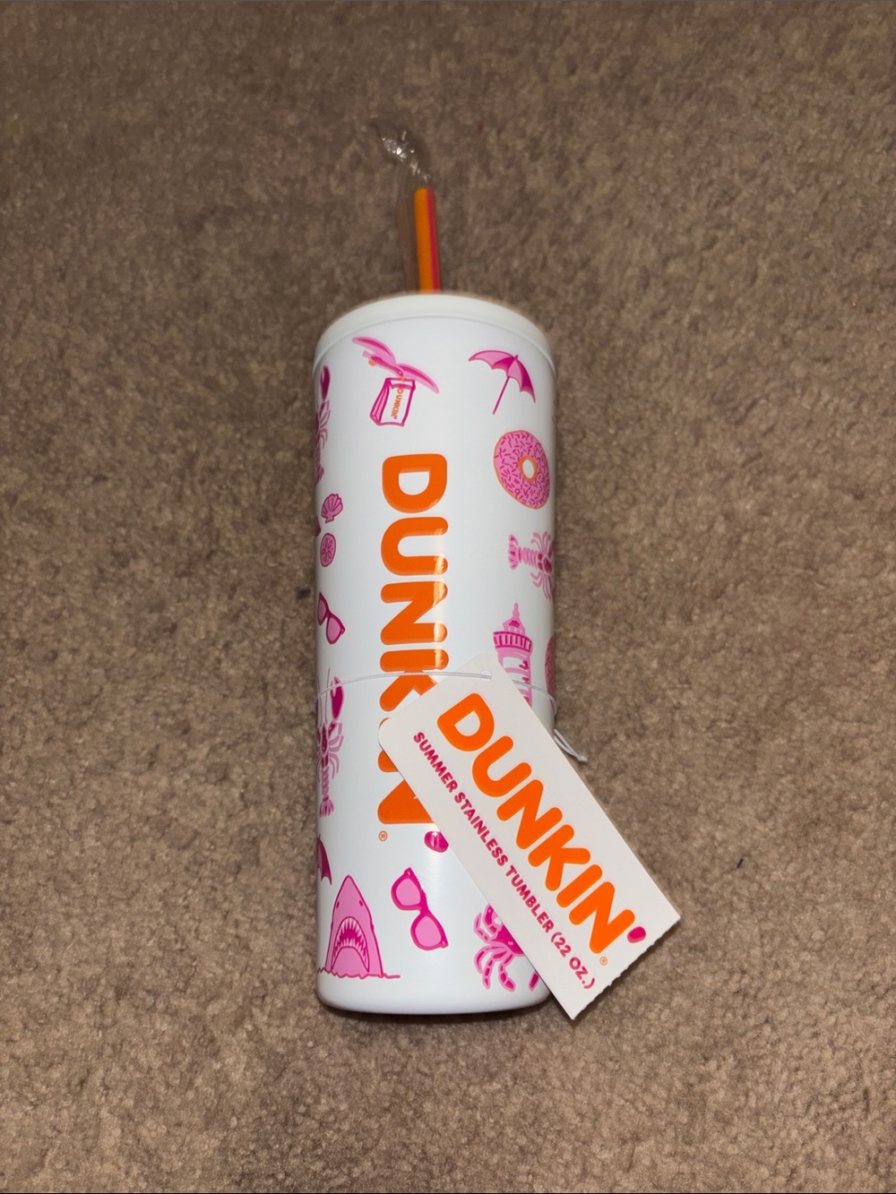 Viral Dunkin’ White & Pink Summer Stainless Tumbler with Straw